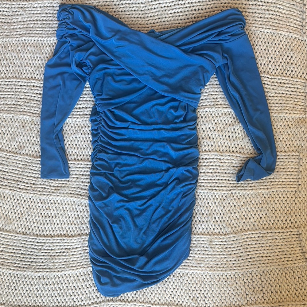 Blue Ruched Off-Shoulder Bodycon Dress